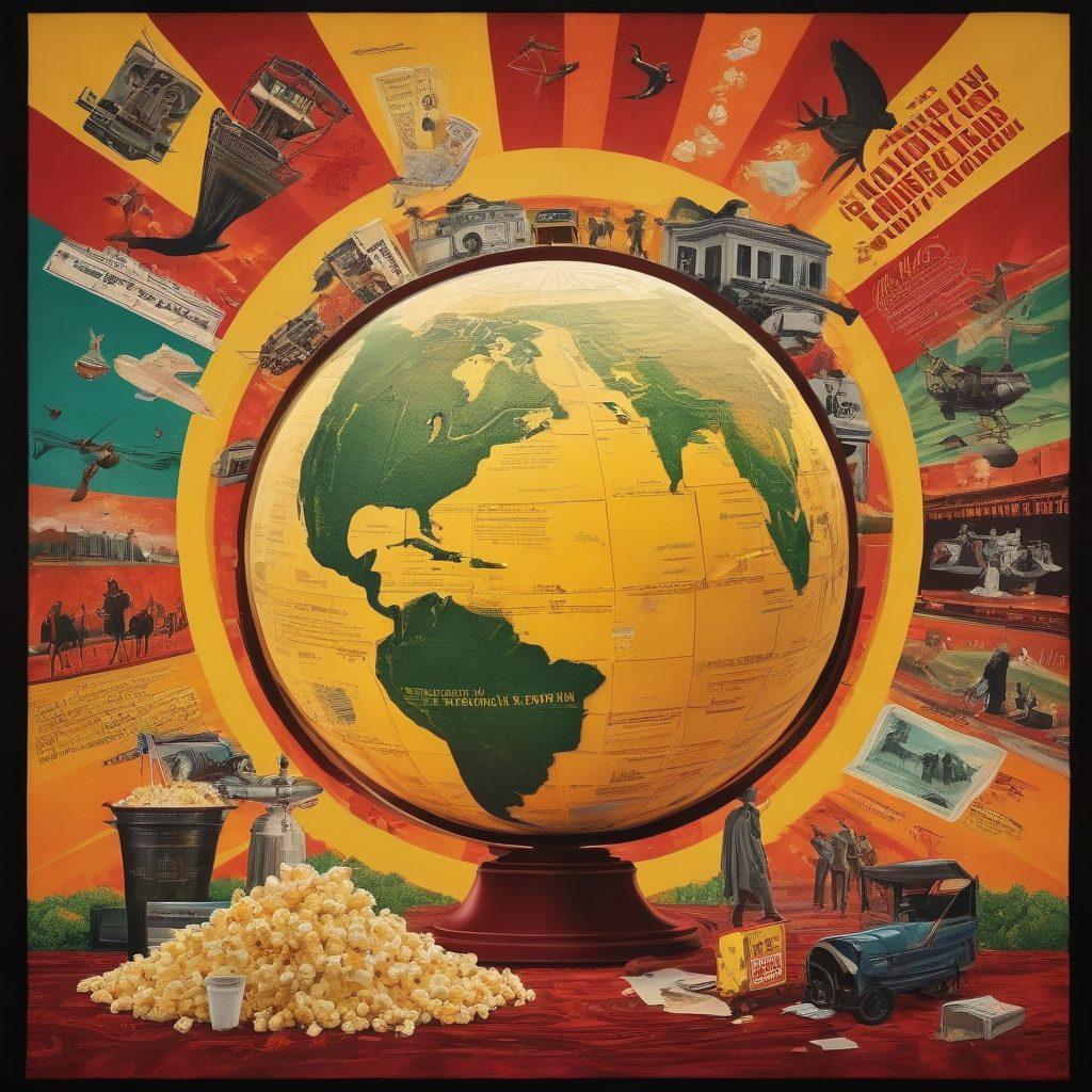 A vibrant collage featuring a film reel winding through various iconic movie scenes including a documentary with a globe, a vintage film poster of a hidden gem, and a popcorn bucket spilling over. The background should burst with colors representing different movie genres like drama, comedy, and adventure, with subtle silhouettes of classic film characters. super-realistic. vibrant colors. dynamic layout.