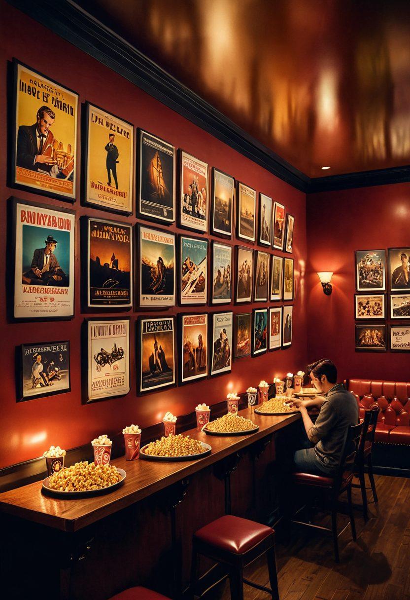 A cozy vintage cinema with dim lighting showcasing classic independent film posters on the walls. In the foreground, a film buff is animatedly discussing a rare movie with a friend, surrounded by popcorn and drinks. Soft shadows dance across the room, emphasizing the intimacy of indie cinema. The ambiance is warm and inviting, inviting viewers to dive into the world of hidden gems. vibrant colors. super-realistic. digital painting.